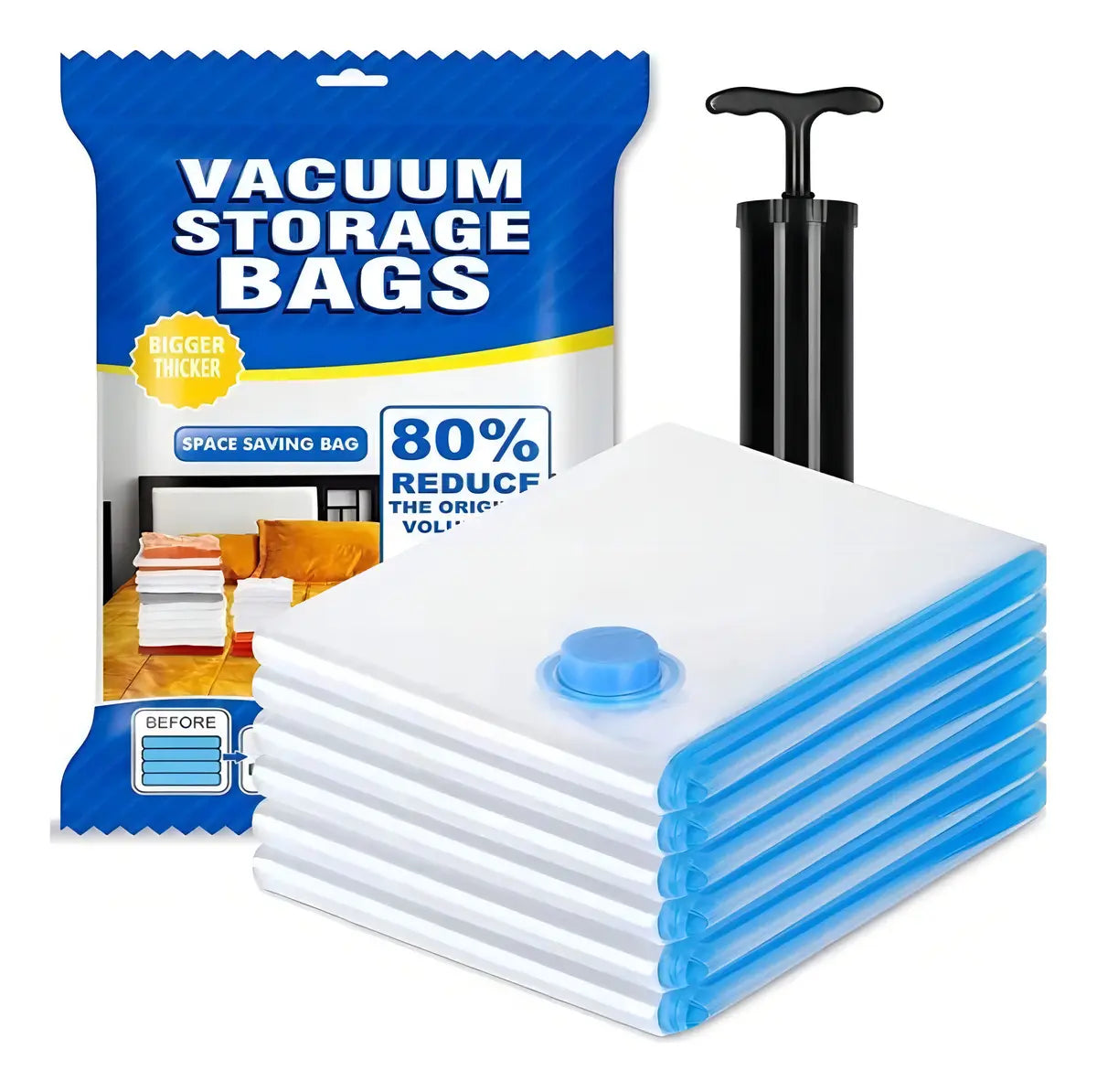Bolsas para almacenamiento al vacío, bombín manual negro y envase azul; imagen referencial del proveedor